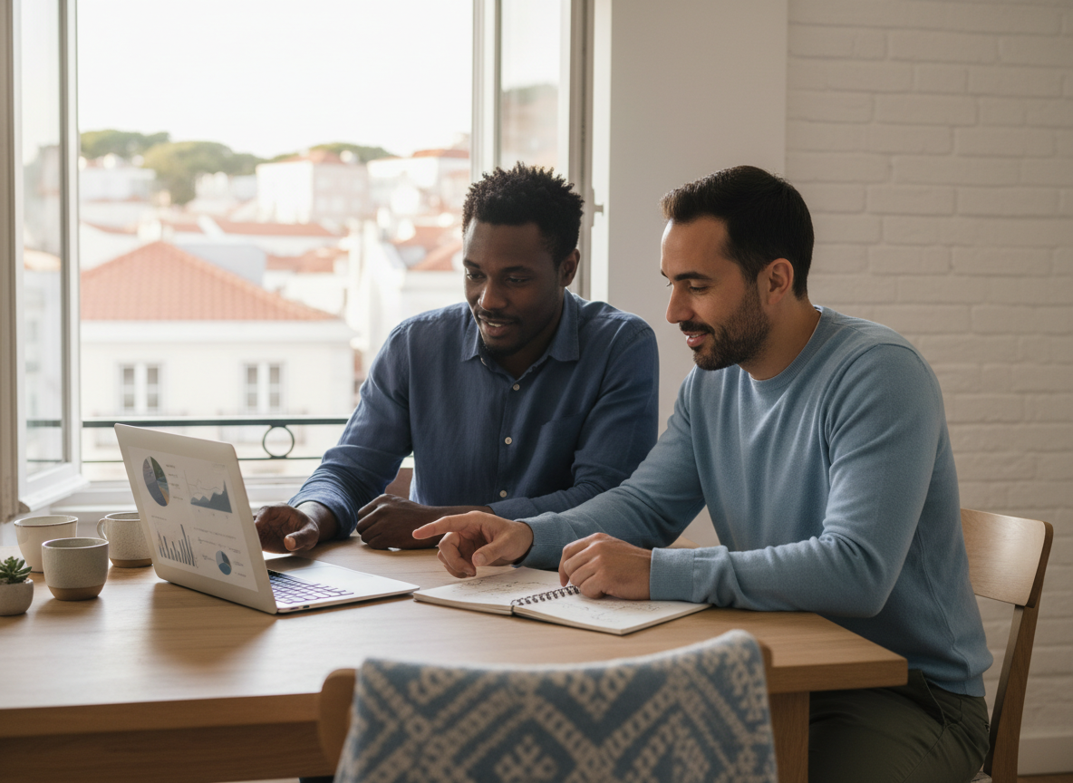 A couple in a Lisbon apartment comparing residency options together on a laptop.