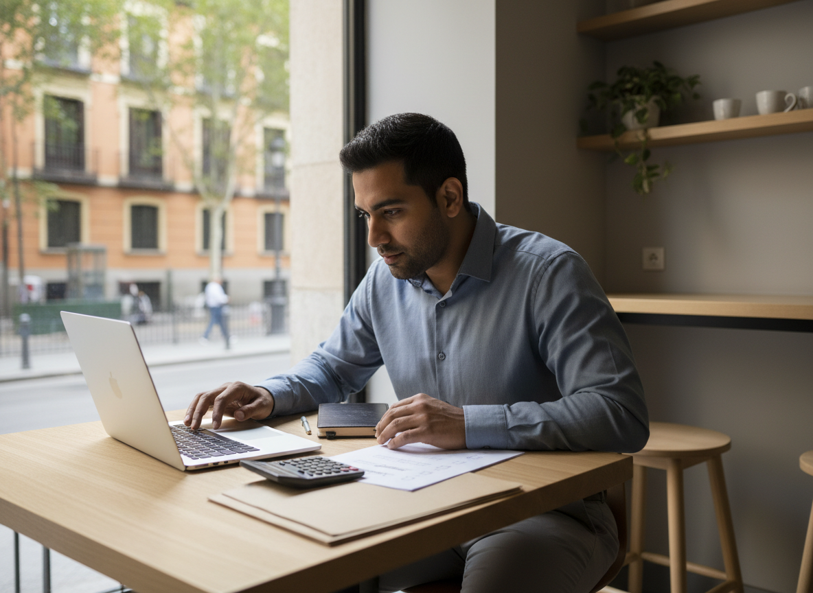 A professional reviewing relocation costs and documents in a quiet Madrid cafe.