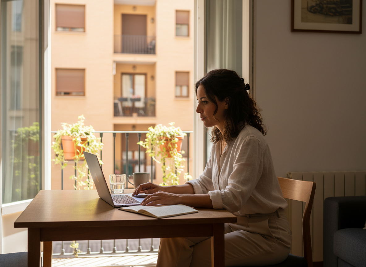 A remote professional working on a laptop in a sunlit apartment in Valencia.