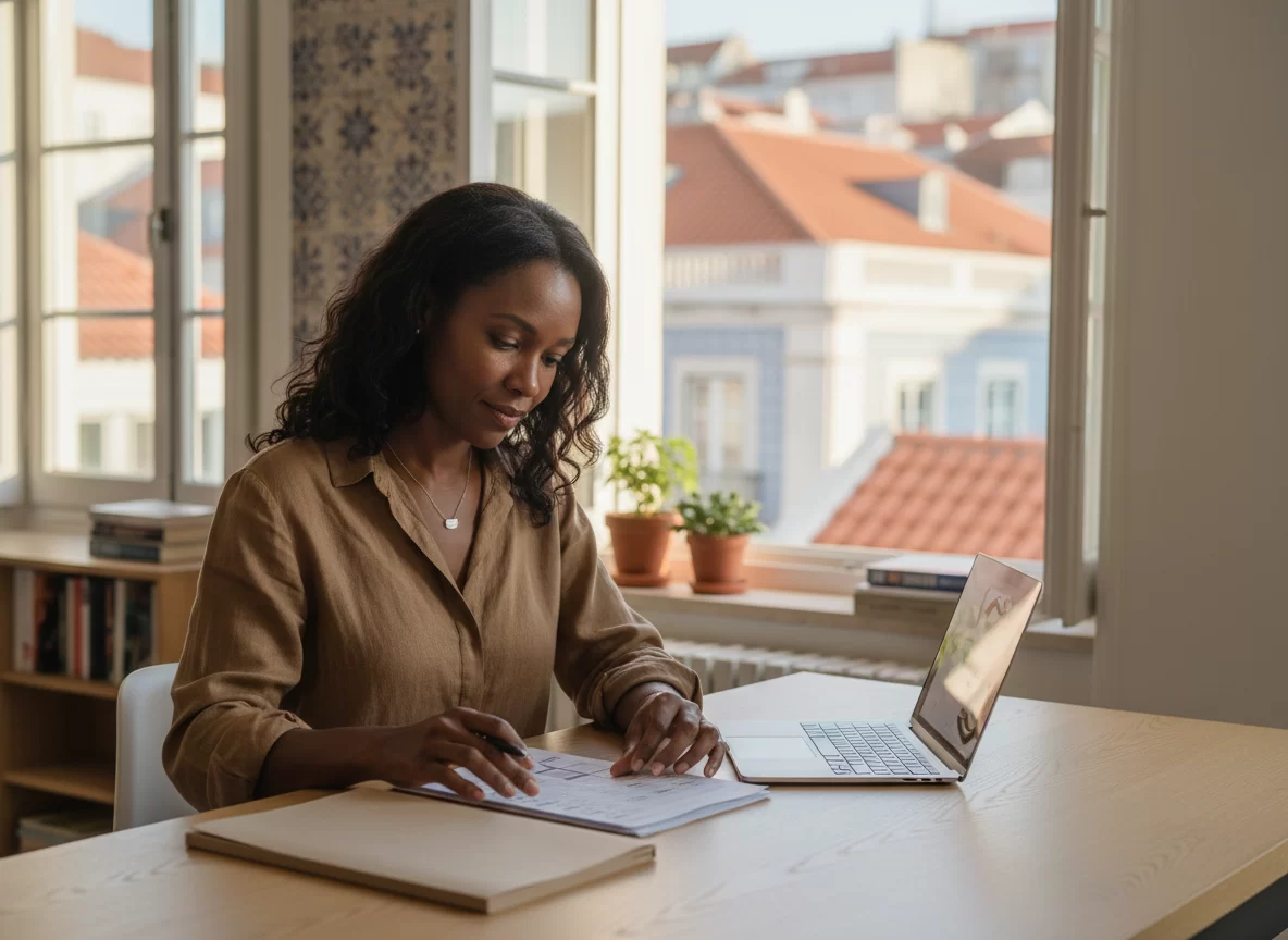 A woman reviewing residency planning documents at a sunlit table in Lisbon.