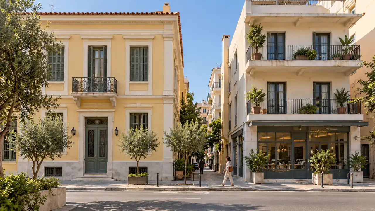 A pale yellow neoclassical facade beside a contemporary building on a Mediterranean street.