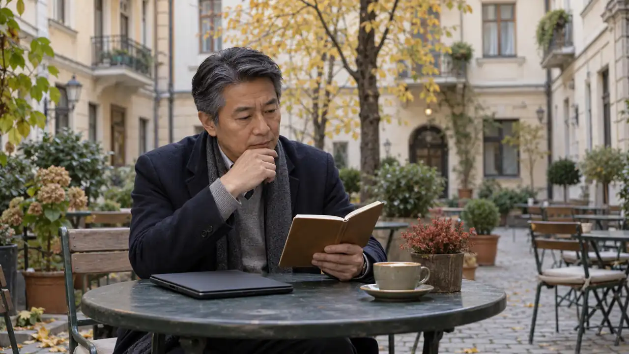 An older man reading a notebook at a cafe table in a Central European courtyard.