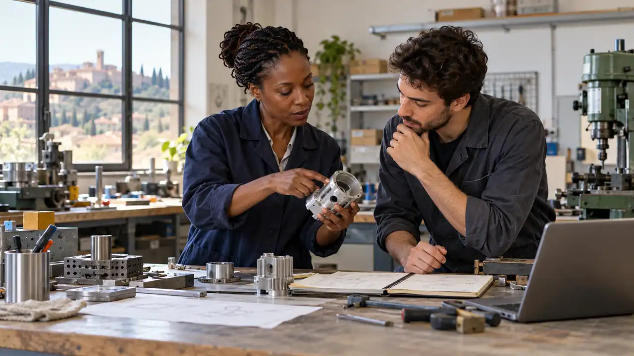 Two colleagues examining a metal prototype at a workshop workbench.