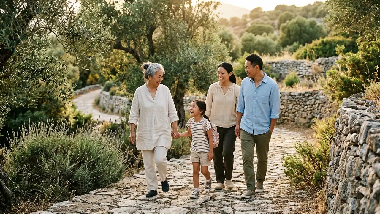 multigenerational family walking in Mediterranean park, illustrative
