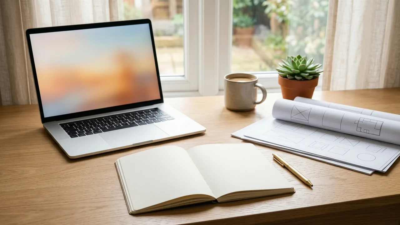 Un cuaderno y un ordenador portátil sobre un escritorio junto a documentos de referencia para la planificación personal.